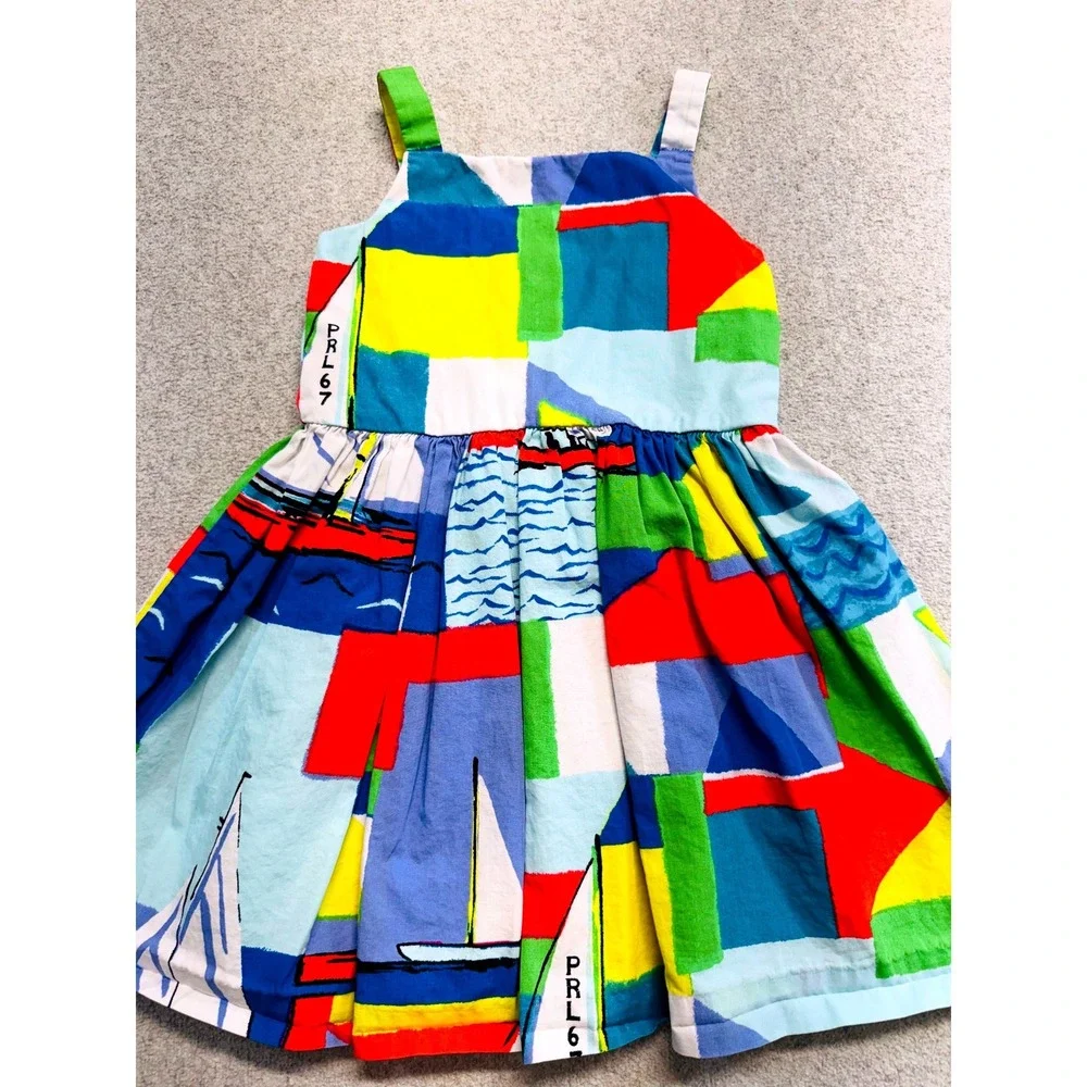 Ralph Lauren Sailboat Dress Kids 24M Multicolor Abstract Nautical Cotton PRL67